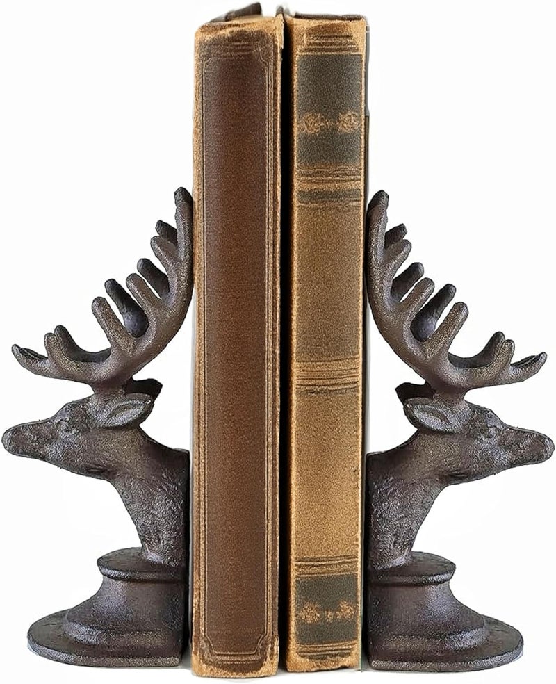 Remenna Decorative Bookend Deer Head Antler Book Ends Heavy Duty Cast Iron Vintage Shelf Decor, Antique Brown - Image 1